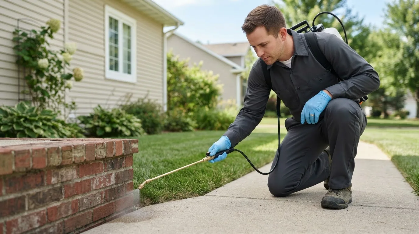 Pest control technician treating a home near Galloway, WV